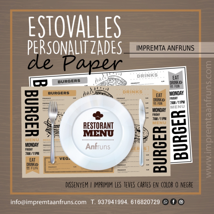 ESTOVALLES BAR-RESTAURANT PERSONALITZADES PAPER / Impremta Anfruns